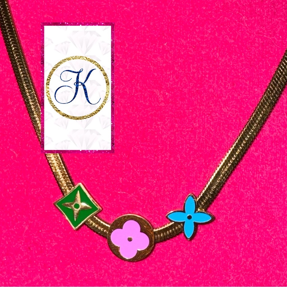 Colorful Charm Necklace, Stainless Steel on Herringbone Necklace